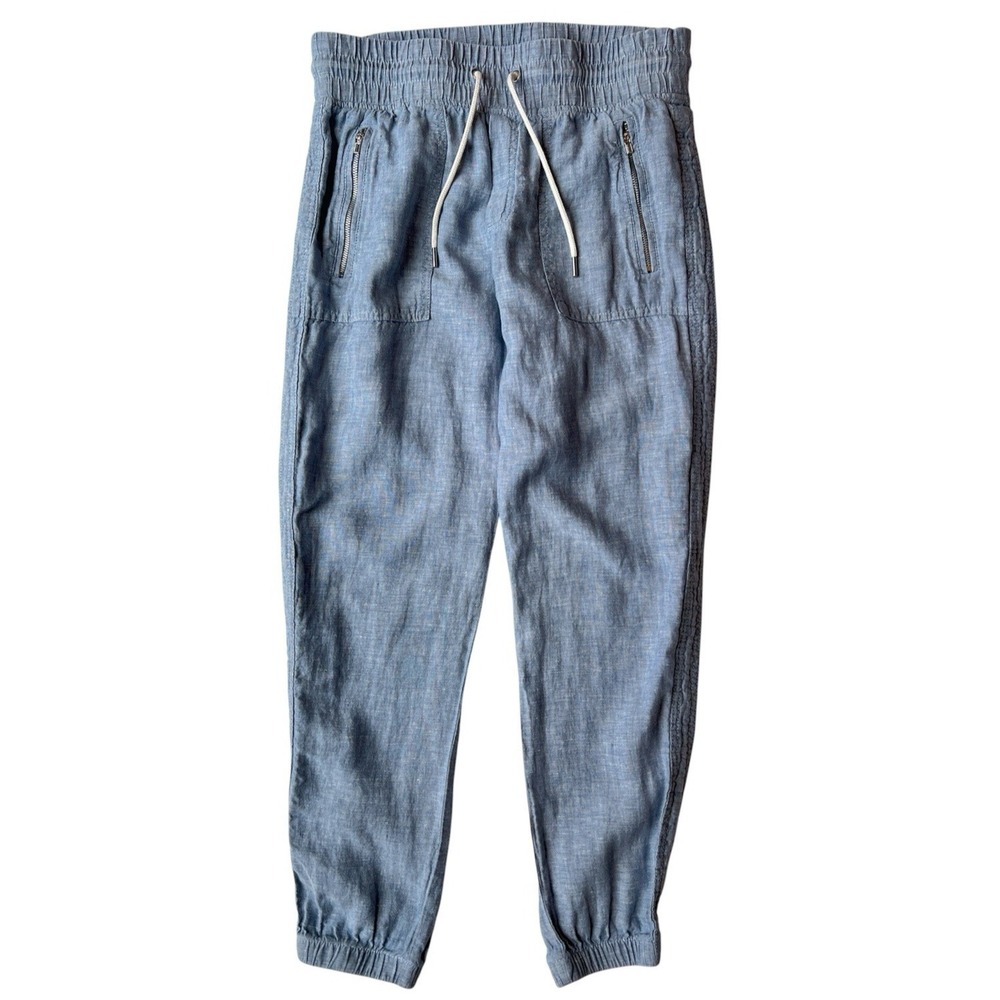 Athleta Cabo Jogger Linen Pants Blue Chambray Cropped Travel Resort Women 4 Vaca